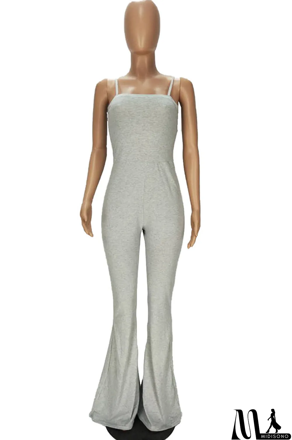 MidiSono - Dark Gray Fashion Sexy Solid Cotton Sleeveless Slip Jumpsuits