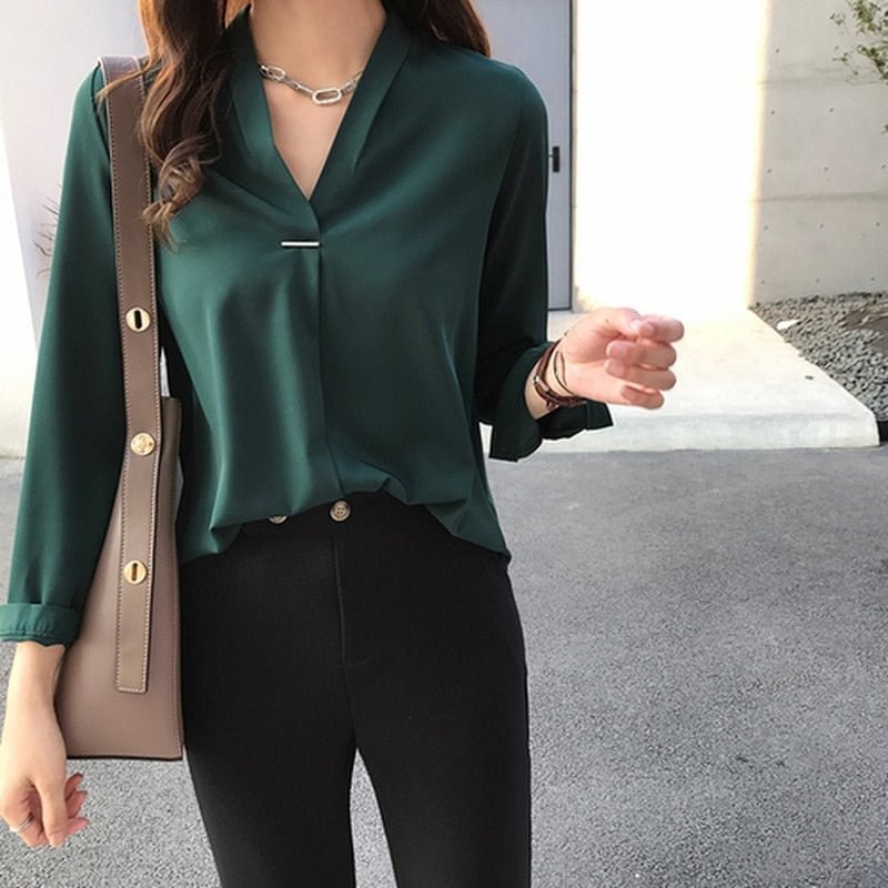 2022 Fashion Pleasure Womens Tops and Blouses Women Long Sleeve V-Neck Chiffon Blouse Solid Pullover Women Tops Blusas 1681 50