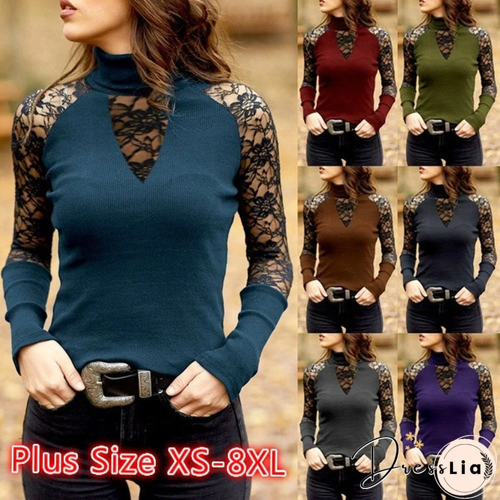 Women Spring Autumn Long Sleeve Turtle Neck Lace Patchwork Solid Color Slim Fit Casual Cotton Blouse Tops for Women Plus Size XS-8XL