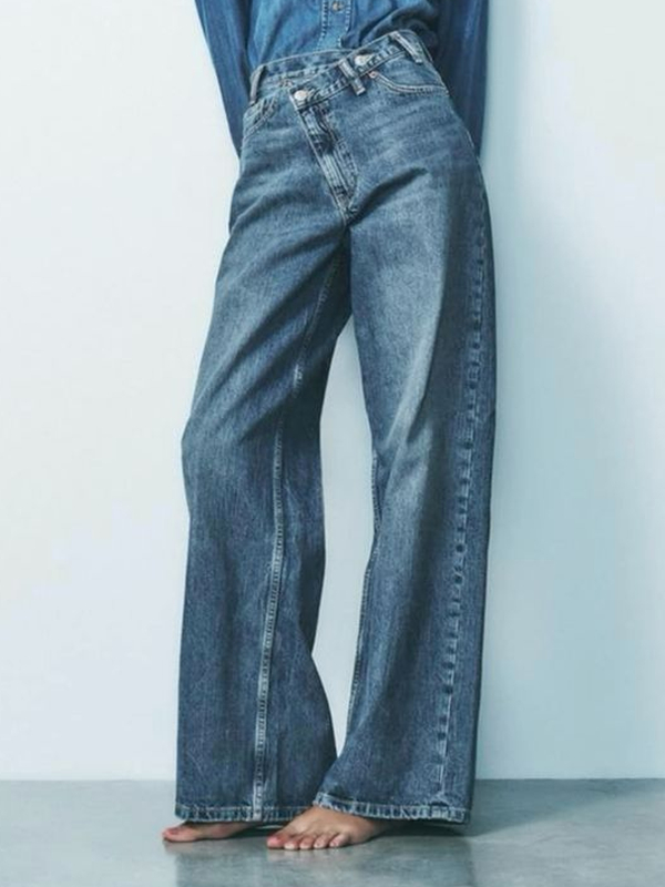 Vintage Cross Button Women's Jeans Asymmetrical Waist Jeans tjj Shicloths