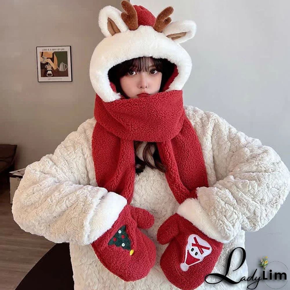 Christmas Deer Antler Hat Scarf Gloves Warmer