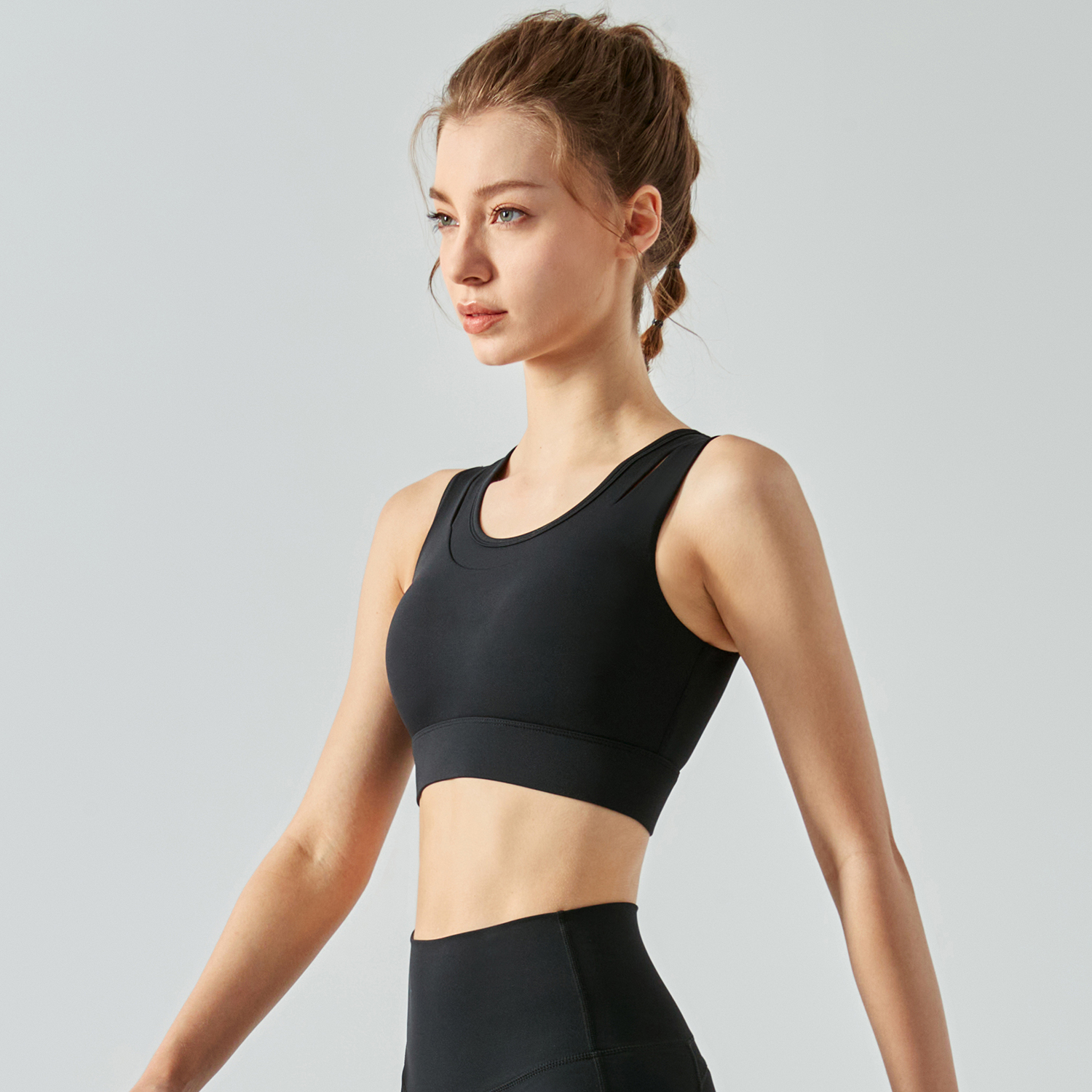Buy fake 2 pieces vision high impact shock absorber compression running sports vest bra for yoga & working out of high quality on Hergymclothing Black