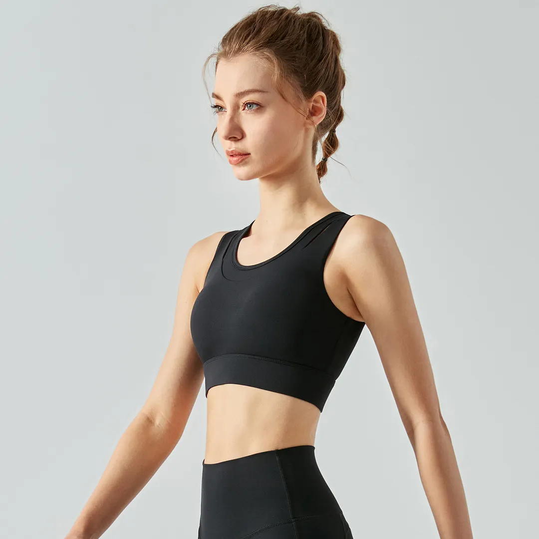 Buy fake 2 pieces vision high impact shock absorber compression running sports vest bra for yoga & working out of high quality on Hergymclothing Black