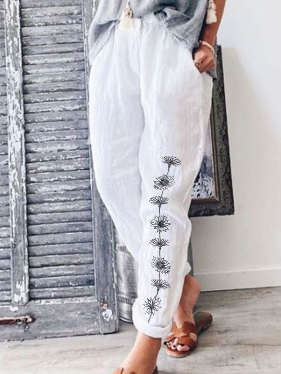 Women's Artistic Floral Print Linen Casual Pants
