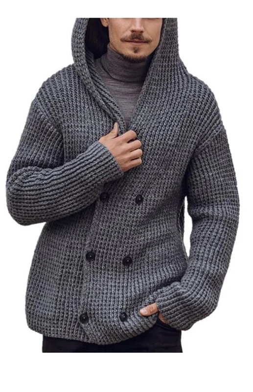 Men's Long Sleeve Knit Cardigan Double Breasted Cardigan Hooded Sweater