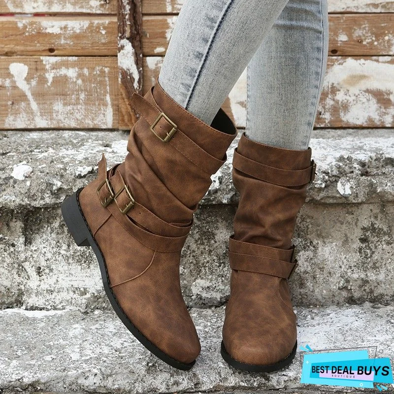 Vintage Casual Flat Heel Boots