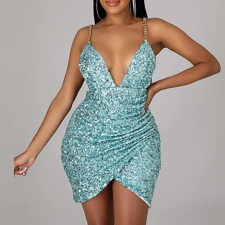Sequins Deep V-Neck Chains Strap Bodycon Dress - IRBOOM Fashion Clothing