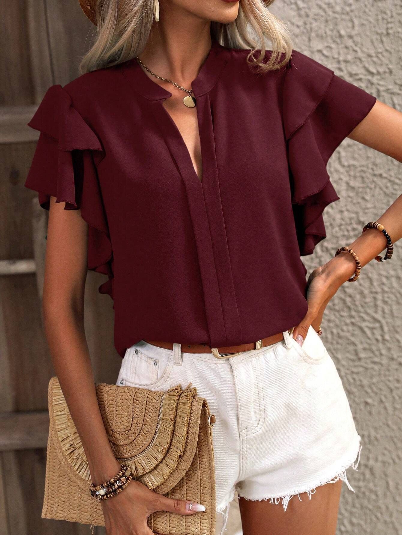 Newlytor Royal Blue Elegant Pullover Blouse 2025 Women's Summer New V-neck Casual Double Layered Ruffle Sleeves Solid Color Shirt Top