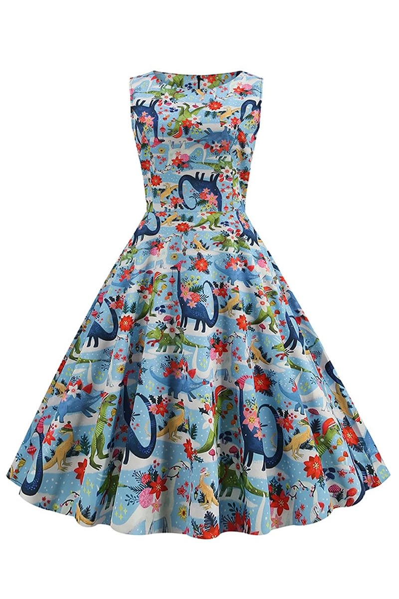 1950s Retro Round Neck Sleeveless All Over Print A Line Swing Midi Dresses