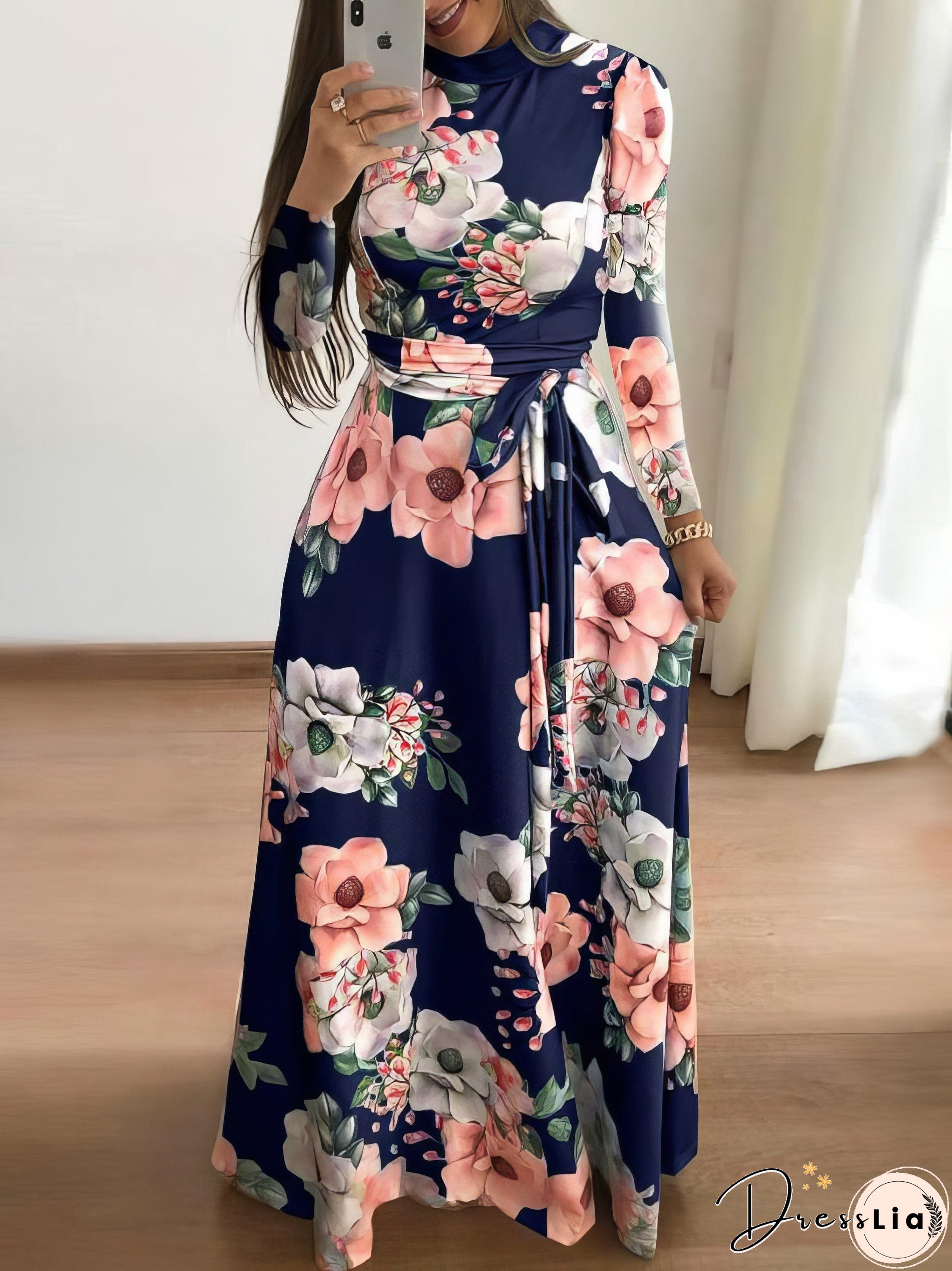 High Neck Floral Print Tie Long Sleeve Dress