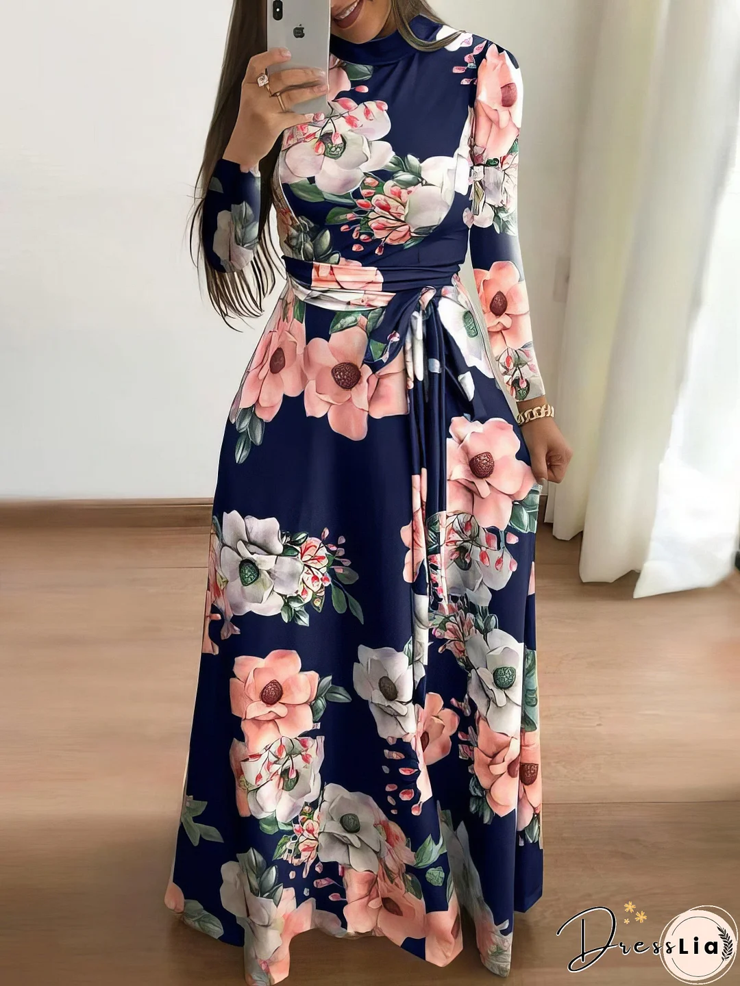 High Neck Floral Print Tie Long Sleeve Dress