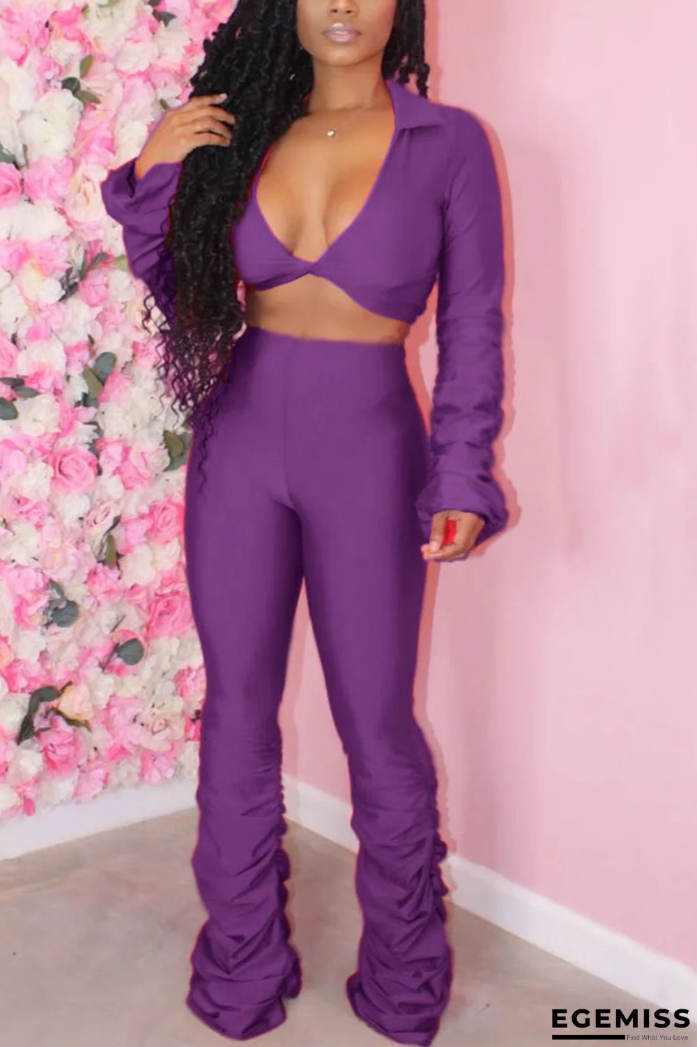 Purple Fashion Long Sleeve V-neck Top Slim Set | EGEMISS