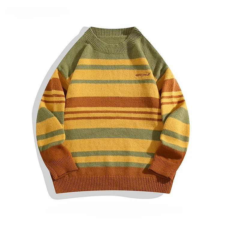 Traceeye Men and Women Contrast Color Striped Sweaters Autumn Winter National Trend Retro Daily Casual Versatile Couple Pullover Knitwear