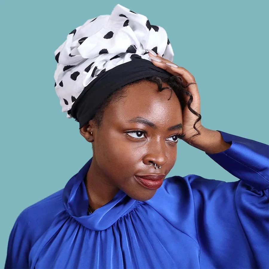 Easy To Tie Up/ White Black Dot Headwrap (Wired) AW6007