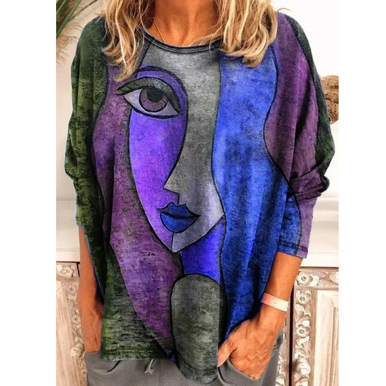 Uveng Size Women's Printing Print Long Sleeve Loose T-shirt