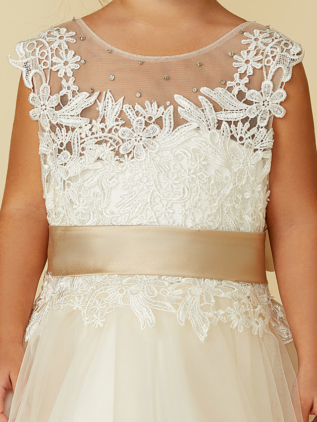 Daisda Sleeveless Jewel Neck Ball Gown Flower Girl Dress Lace Tulle With Belt  Buttons  Beading