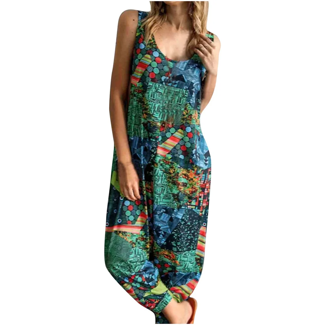 Summer Jumpsuit Women Ethnic Printed Loose Rompers Casual Female Printing Pocket Suspender One Piece Outfits комбинезон женский