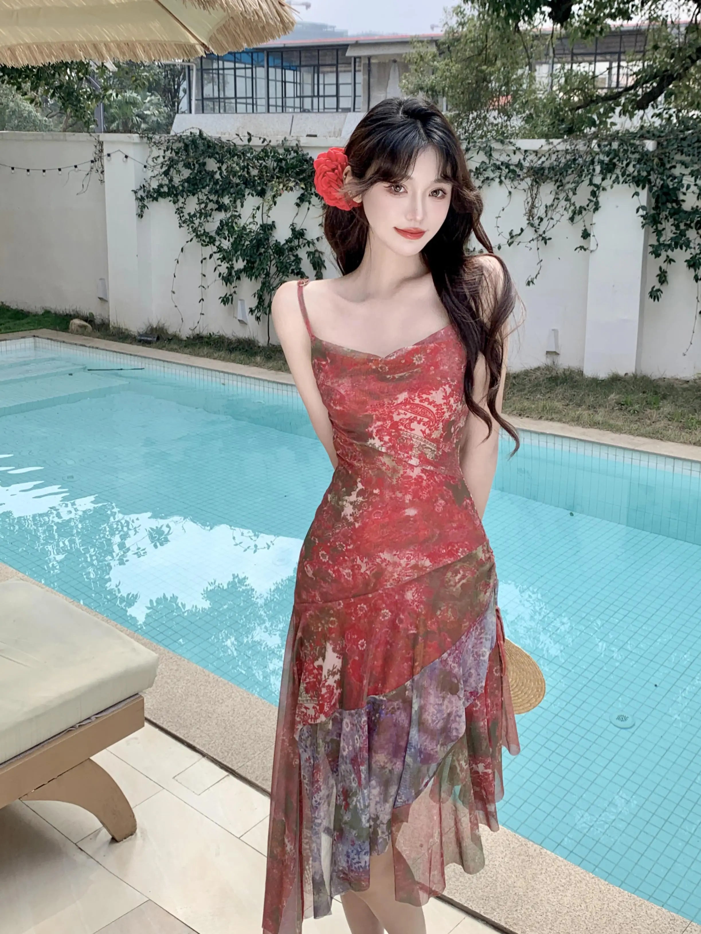 Retro Red Floral Irregular Spaghetti Straps Ruffles Midi Dress Summer Holiday Club Party Elegant Sleeveless Women Mesh Sundress Aiertu