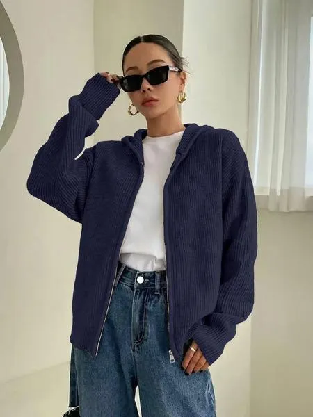 Women's Solid Color Zip Up Hooded Sweater Cardigan, Casual Long Sleeve Knitwear for Fall & Winter, Fashion Ladies' Knit Clothing for Daily Wear
