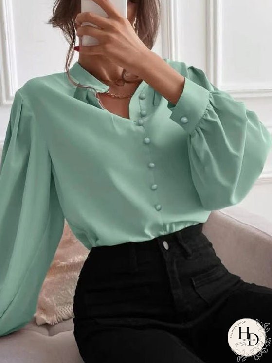 Blouses Solid Lapel Button Long Sleeve Blouse for Women