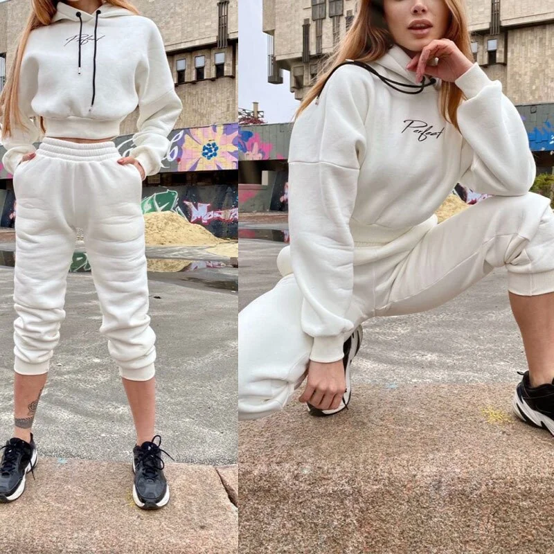 Women Fleece Letter Two Piece Set Casual Loose Female Tracksuits Hoodies Long Sleeve Shorts Sweatshirt And Jogging Pants Suits