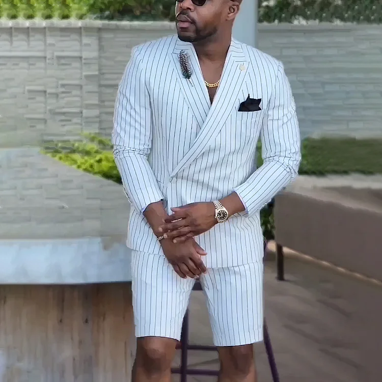 VChics Men's Fashion White Stripes Blazer And Shorts Two Piece Set
