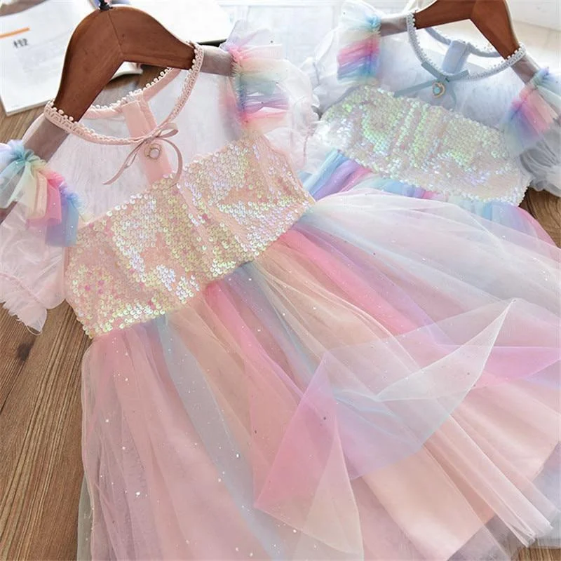 Kids Dresses For Girls Sequins Girls Lace Mesh Dresses Children Princess Dress Party Costumes For Girls 3-8Y Birthday Clothes