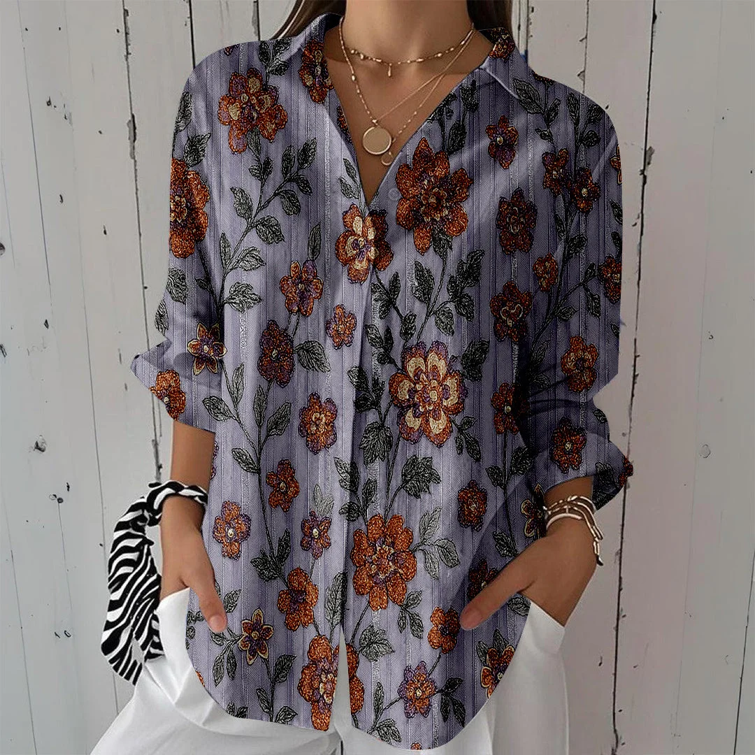Style & Comfort for Mature Women Women Floral, Purple, Orange DZCL0194 3/4 Sleeve Shirt Collar Printed Button Tops