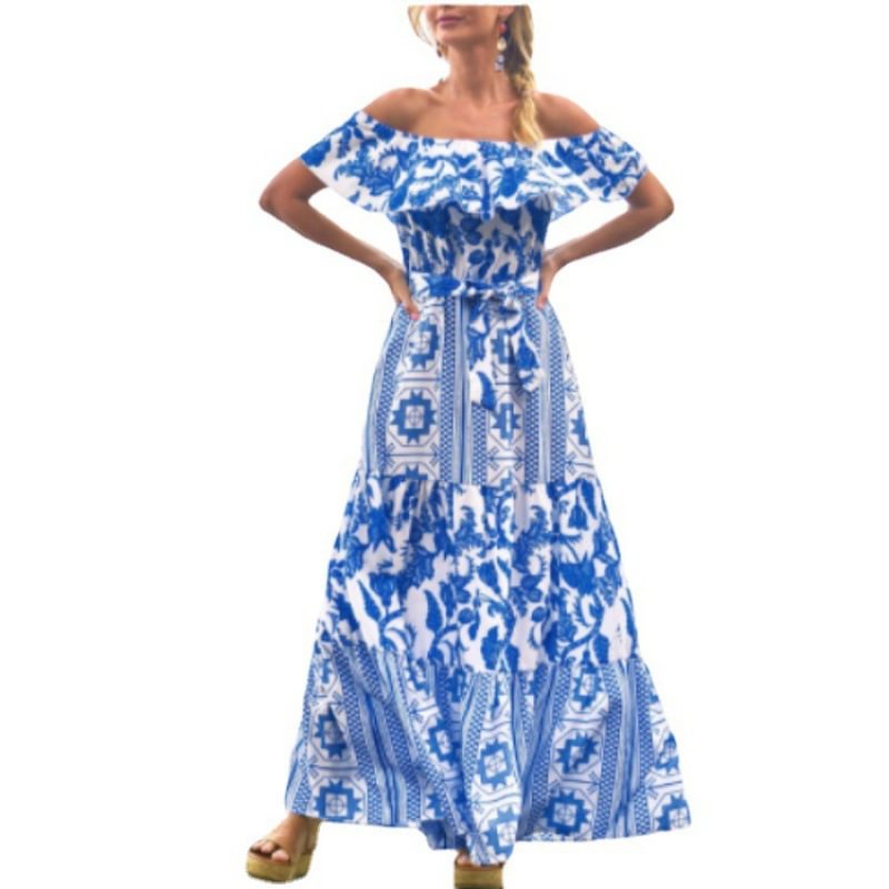 Printed Dress with One-Line Collar and High Waist For Women