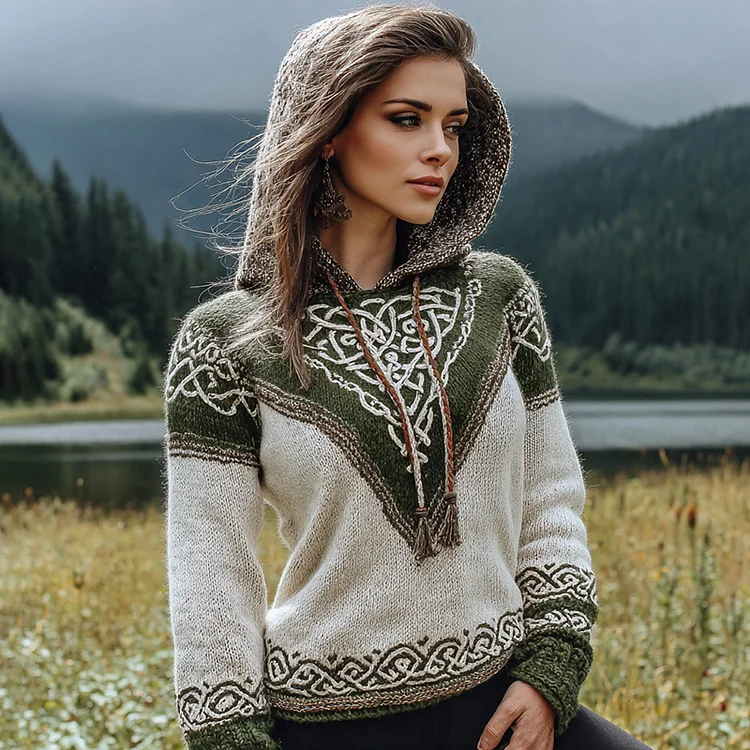 Women's Celtic Knot Contrast Print Hooded Sweater