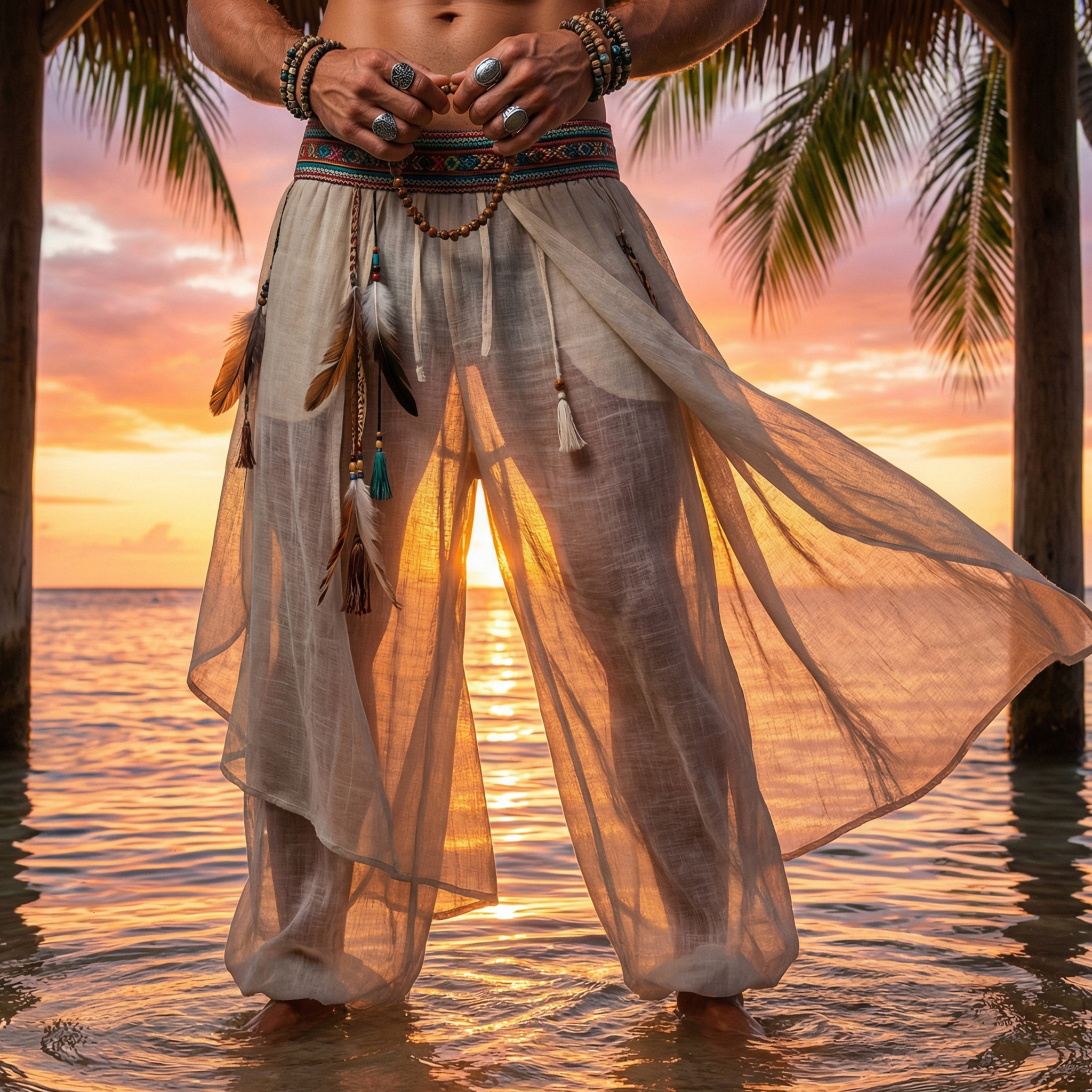 thesupersurf Men's Loose-fitting, Multi-layered, Feather-trimmed, Ethnic-style Linen Trousers For Beach Holidays And Leisure. 