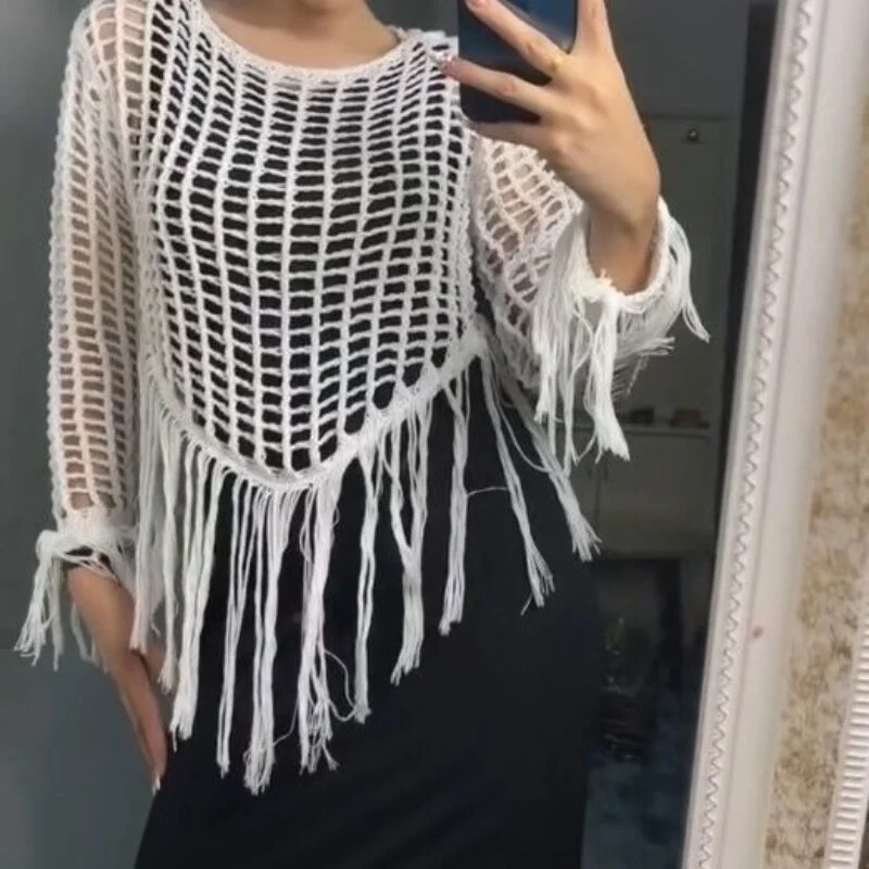 Ladies Fashion Mesh Hollowed Out See-through Pullover Sweater Tshirts Women Sexy Tops Female Girl Casual Knitted T-shirt Vy1619