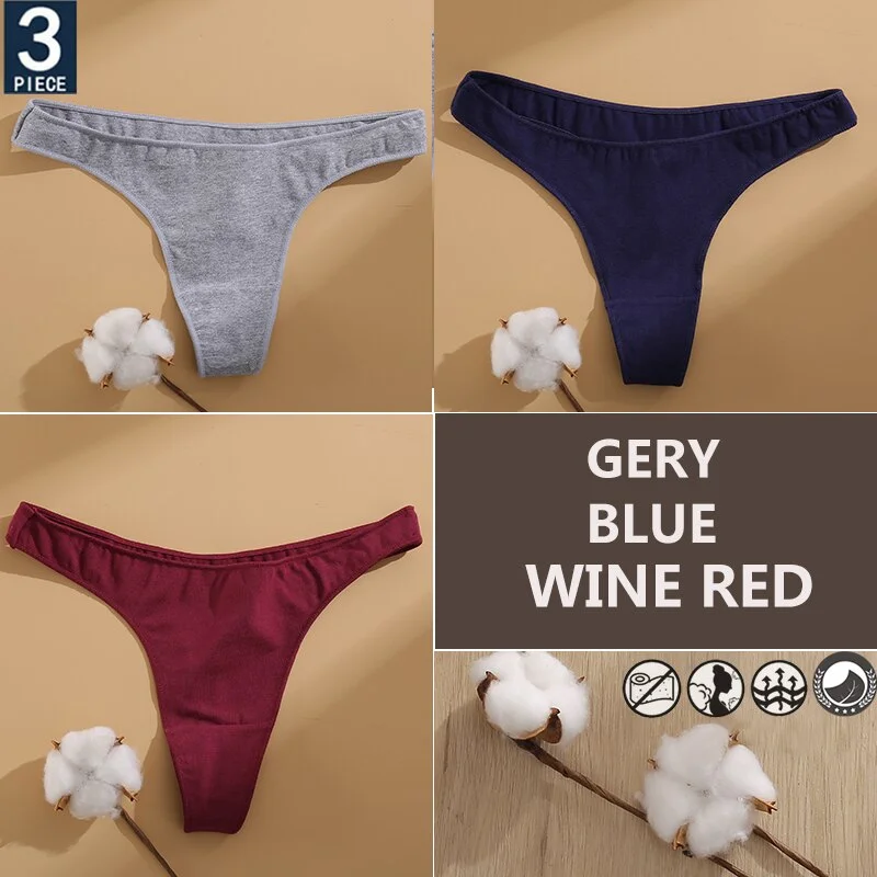 FINETOO 3PCS/Set Cotton Lingerie Women's G-string Underwear 7 Solid Colors Ladies Panties Female Low-Rise Woman's Thong Briefs