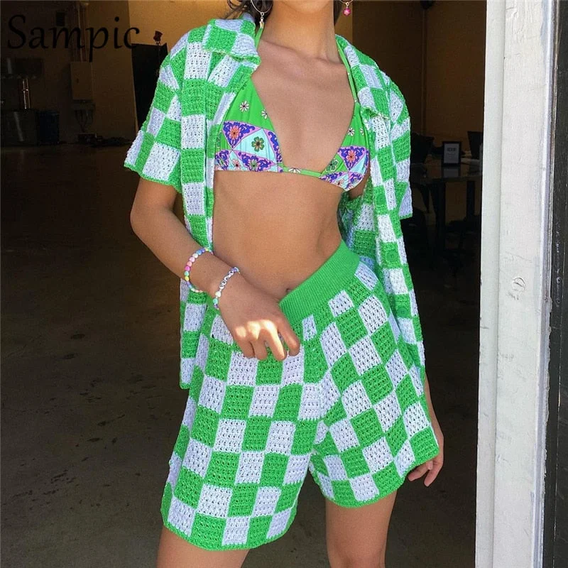 Sampic 2021 Casual Knit Lounge Wear Women Tracksuit Summer Shorts Set Green Plaid Shirt Tops And Mini Loose Shorts Two Piece Set