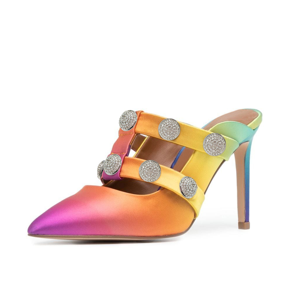 Multicolor Closed Toe 4'' Stiletto Heel Rhinestone Mules Nicepairs