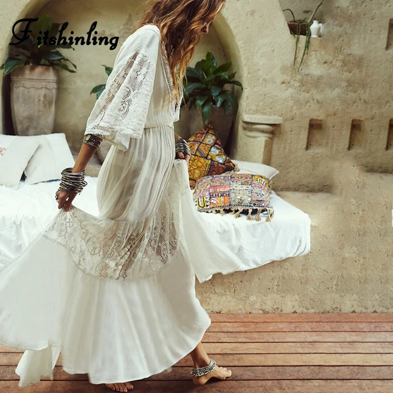 Fitshinling Bohemian beach long dress lace splice deep v neck sexy hot maxi dresses women swimwear holiday fashion summer dress