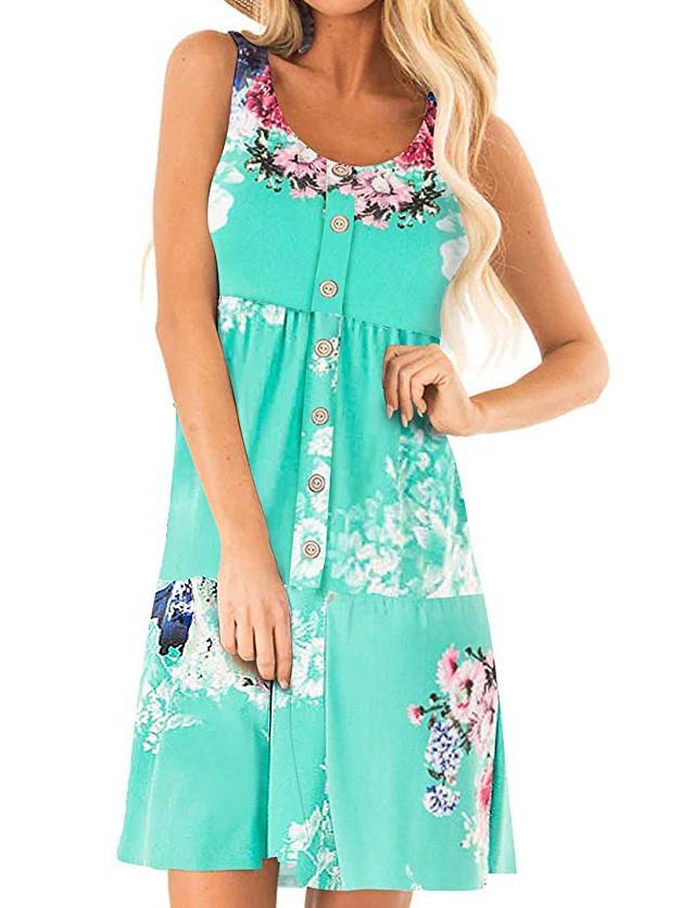 Women Sleeveless Scoop Neck Floral Printed Button Midi Dress