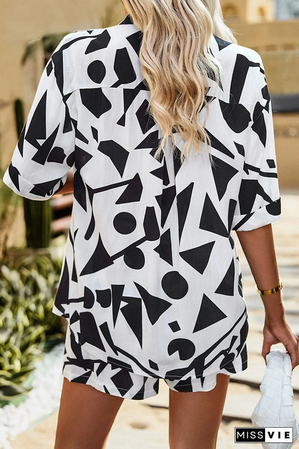 Casual Daily Geometric Print Contrast Turndown Collar Short Sleeve Two Pieces