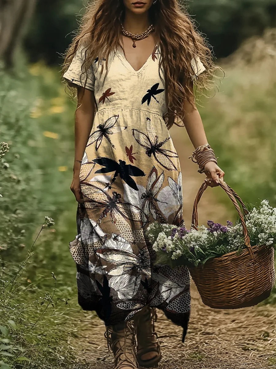 Women's Vintage Dragonfly Art Print Pocket Cotton Dress