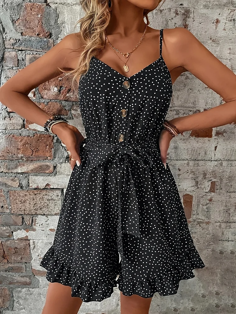 Elegant Black & White Polka Dot Cami Romper | Women's Ruffled Jumpsuit With Adjustable Spaghetti Straps, Cinched Waist, And Button Details For Spring/Summer, Adjustable Clothing
