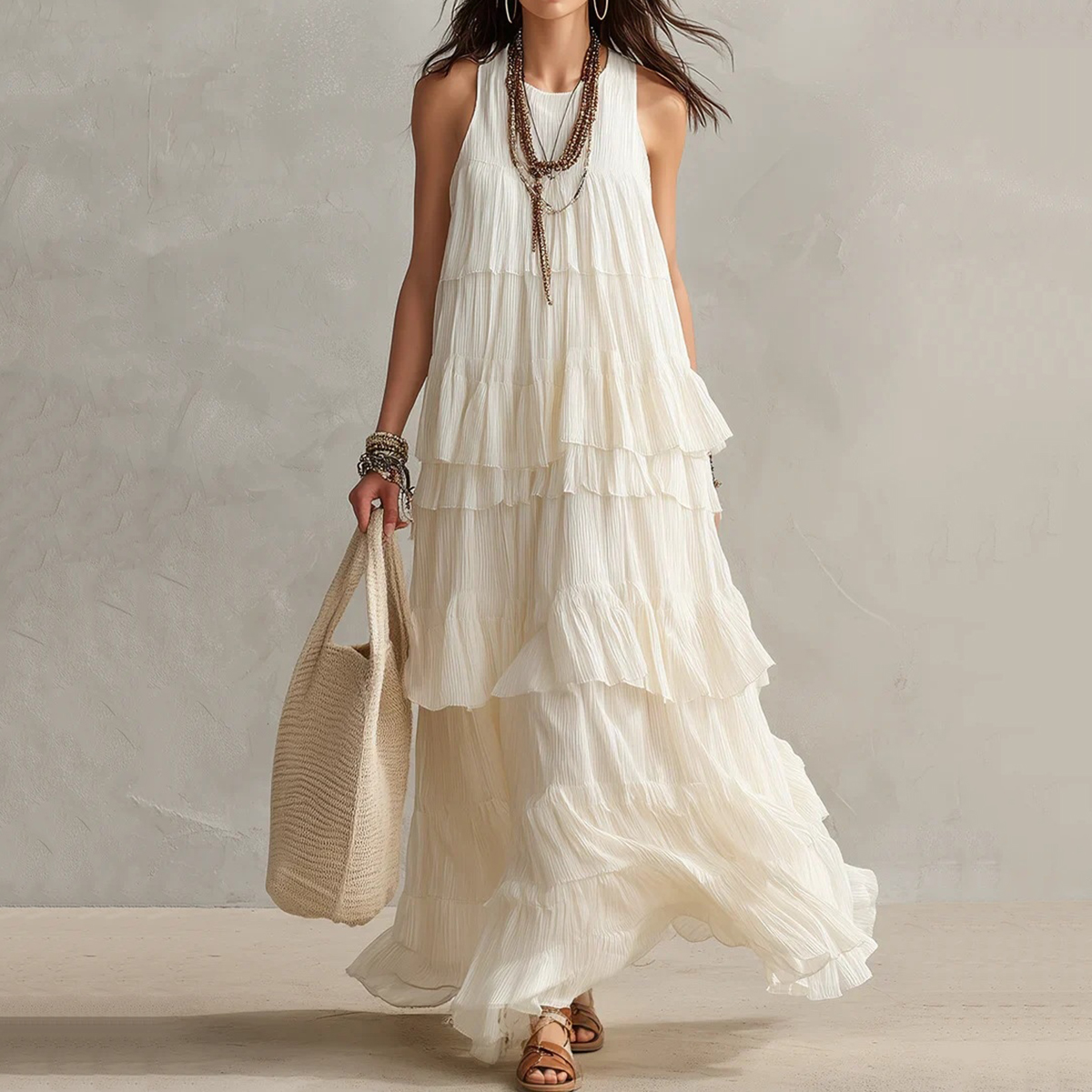 Elegant Solid Color Sleeveless Ruffled Maxi Dress elevenforest