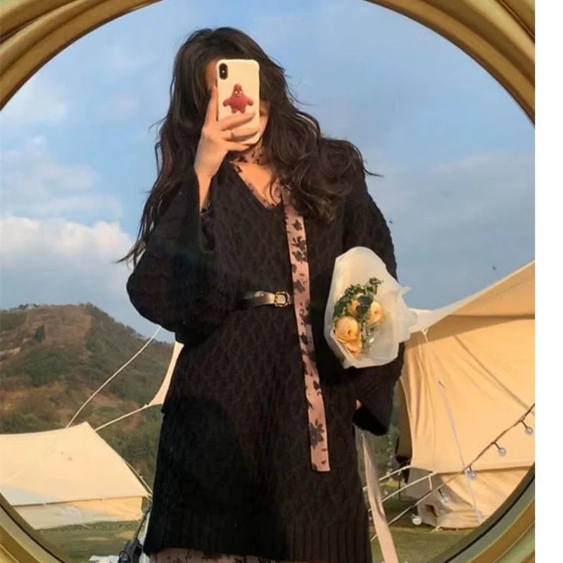 Autumn Winter Women Long Sleeve Sweater Dress V-neck Pullovers Loose Korean Thick Warm Casual Vintage Knitted Oversize Knitwear