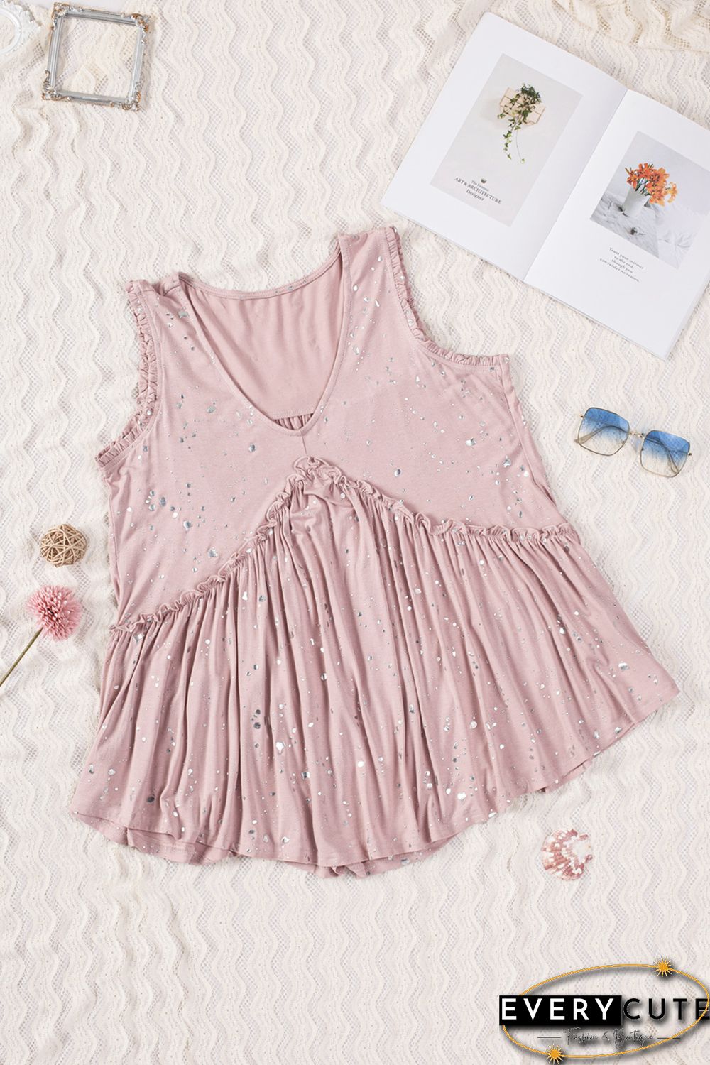 Pink Foil Splatter Drops Ruffled Flowy Tank