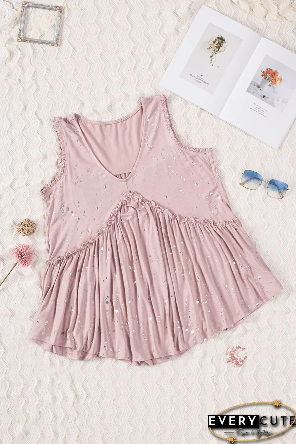 Pink Foil Splatter Drops Ruffled Flowy Tank