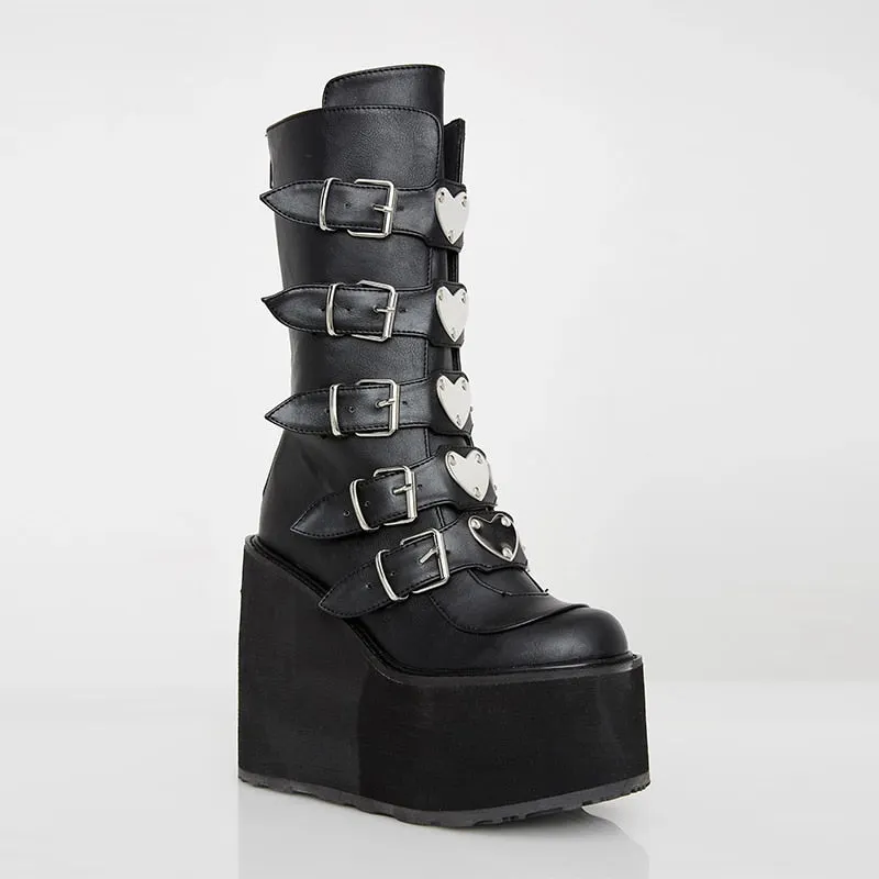 Leather Women Mid-Calf Boots Gothic Style Cool Punk Motorcycles Females Boot Platform Wedges High Heels Calf Boots Women's Shoes