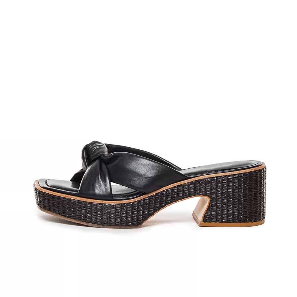 Black Vegan Leather  Opened Square Toe Knot Slip-On Platform With Chunky Heels Nicepairs