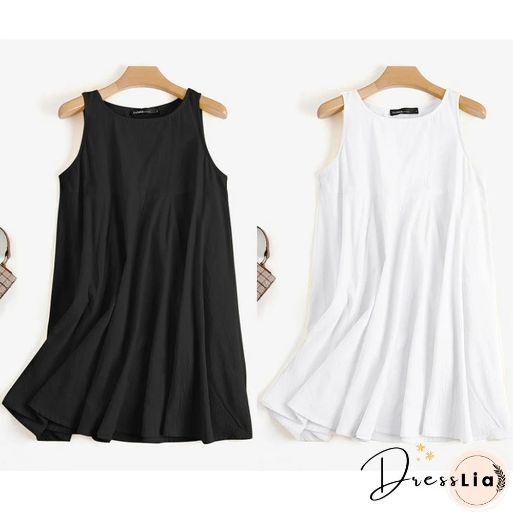 Women Sleeveless Mini Dress Summer Cotton Party Casual Loose Pleated Dress Plus Size Clothes