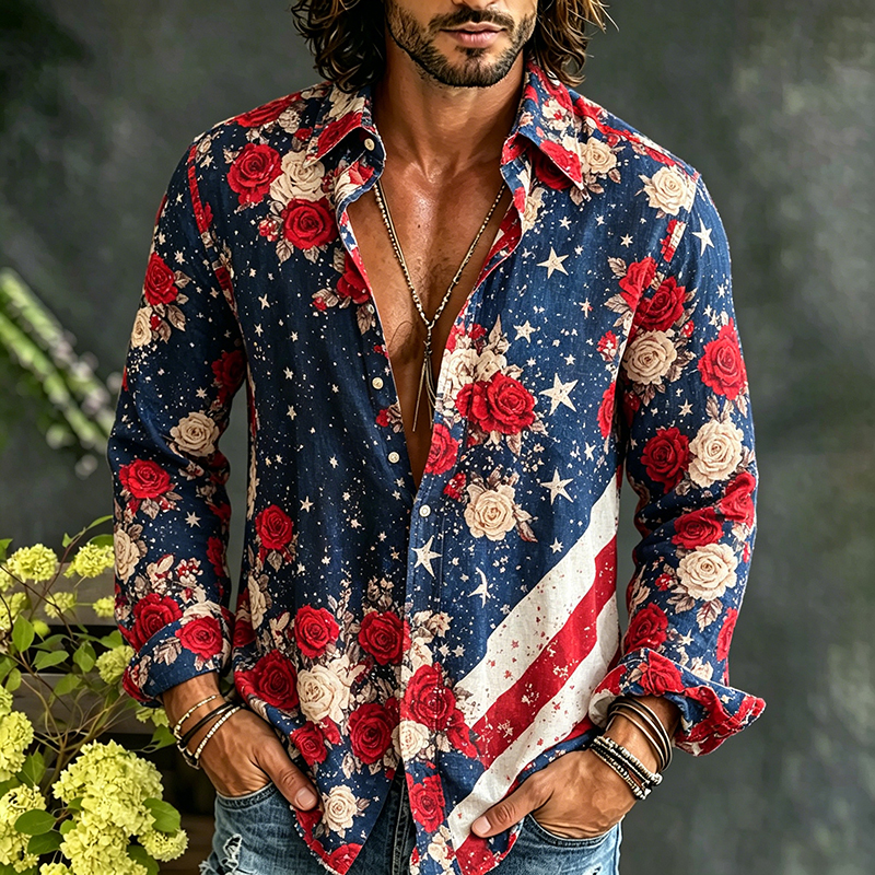  Men's Flag Floral Art Print Long Sleeve Casual Shirt Westsshops