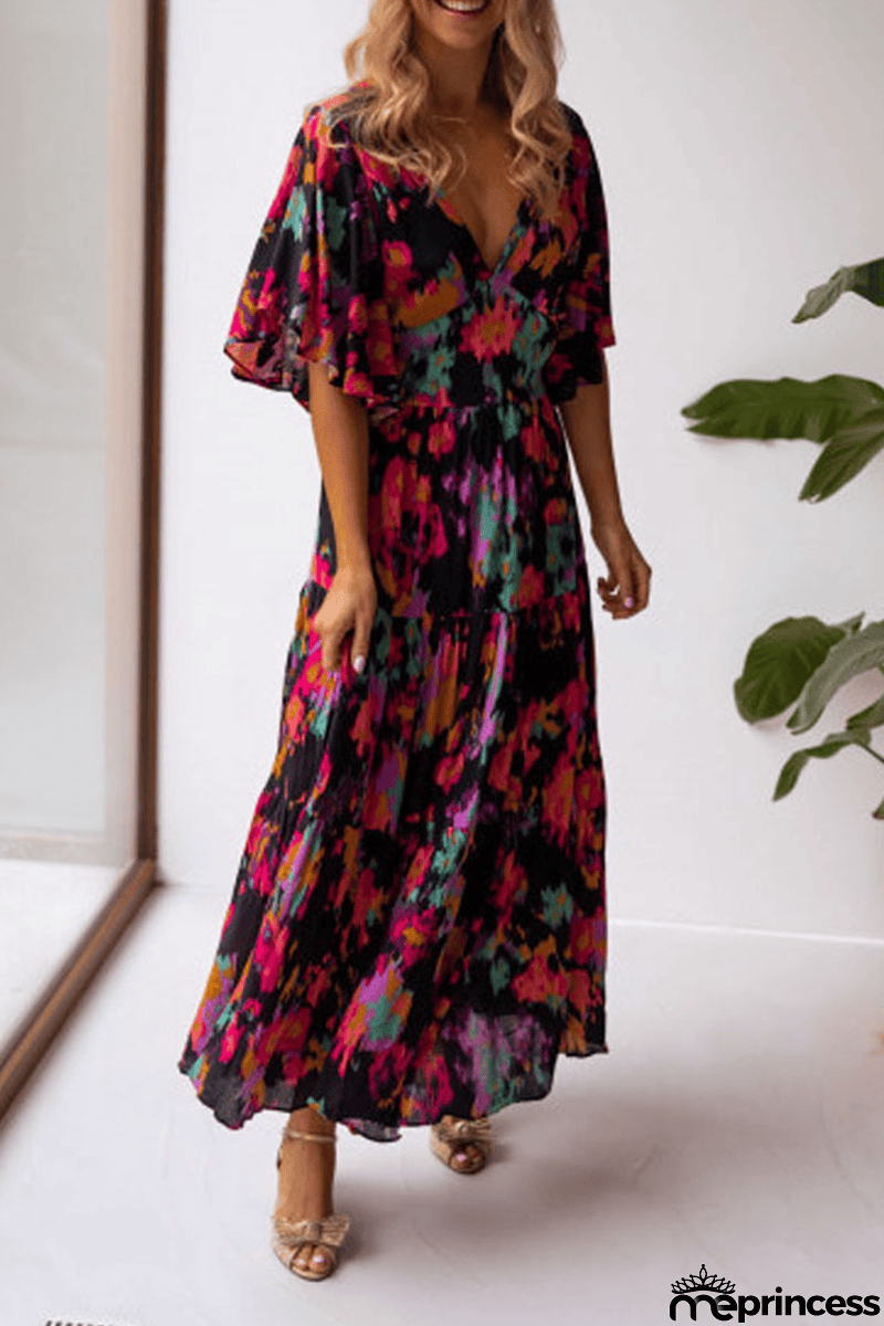 V Neck Floral Bat Maxi Dress