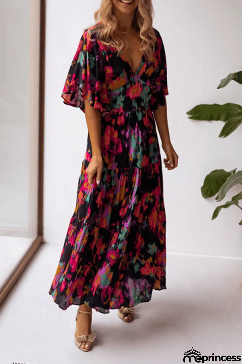 V Neck Floral Bat Maxi Dress